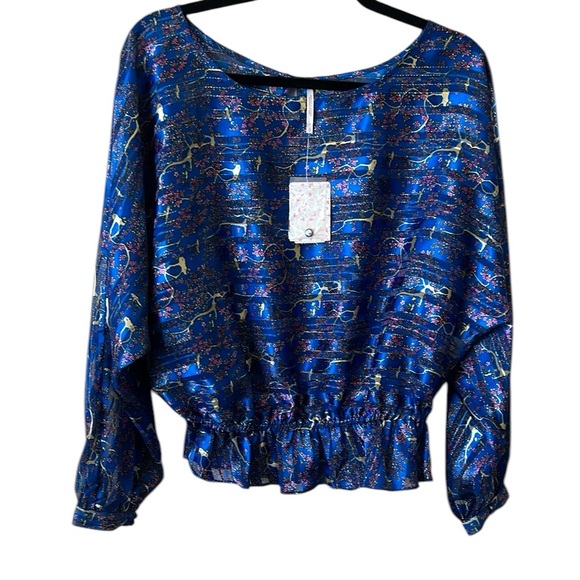 Free People Tops - NWT Free People Blue Metallic Print Semi-Sheer Peplum Blouse Small Reg. …